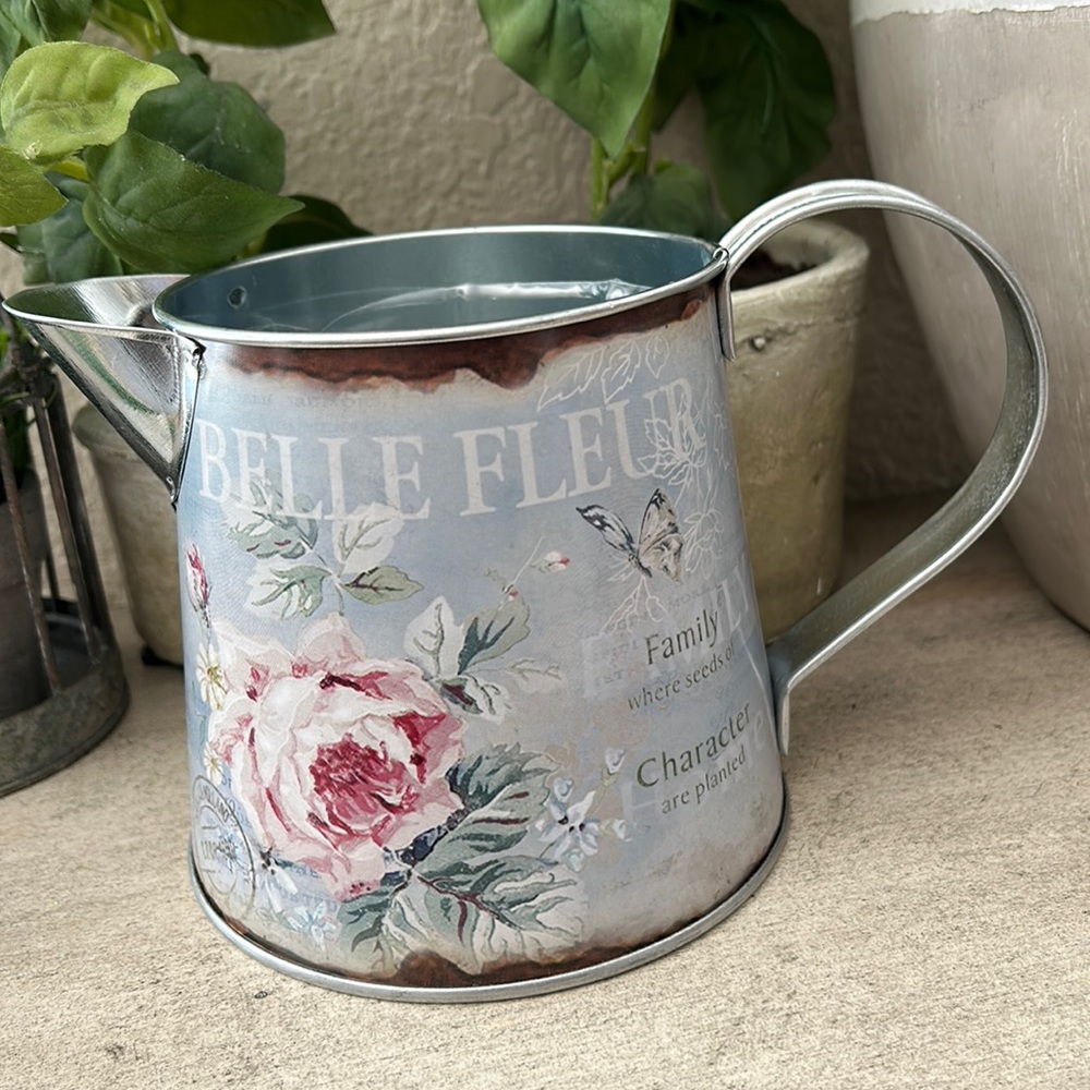 Shabby Chic Cottage Farmhouse floral metal pitcher vase